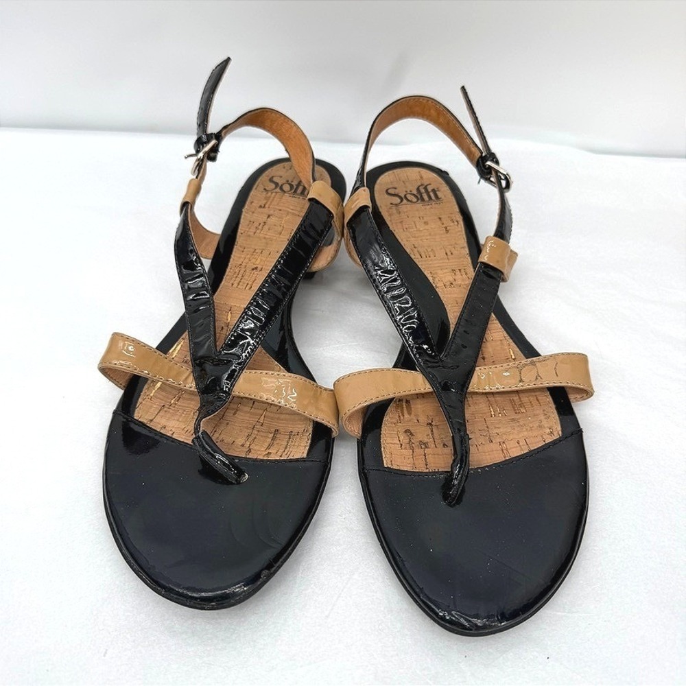 Sofft Patent Leather Slingback Strappy Thong Sandals Black Tan Dressy Size 10M